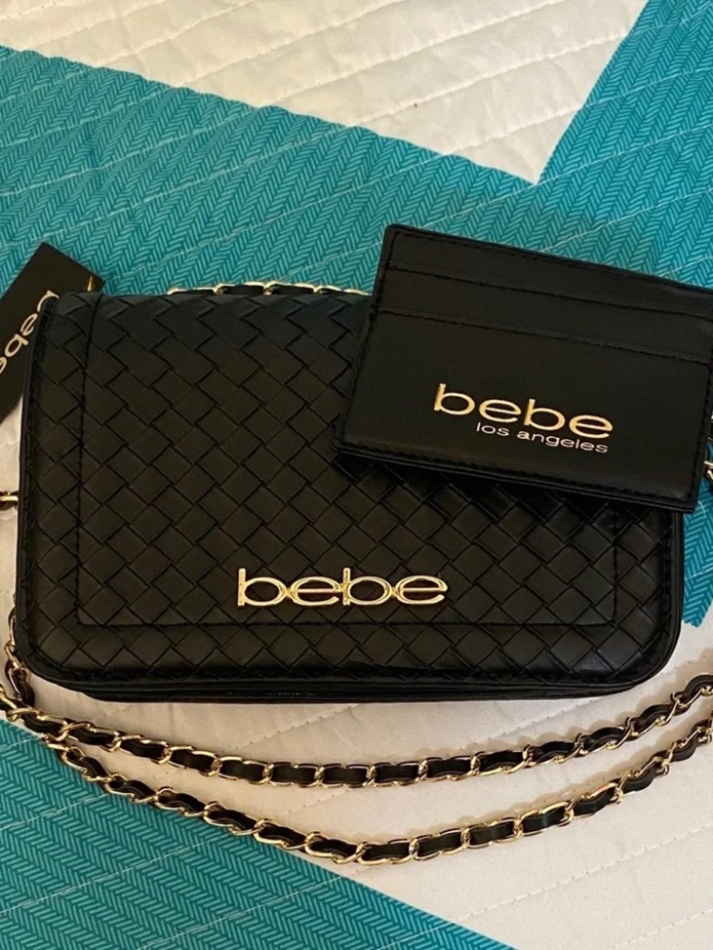 Bebe Black Woven Crossbody Bag with Gold Chain NWT